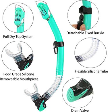 Комплект для дорослого підводного плавання з ластами, маскою для дайвінгу, трубкою сухого типу та сумкою для перенесення, колір аквамариновий, розмір S/M (36-41)