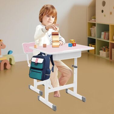 Дитячий письмовий набір, дитячий стіл з регульованою висотою (стіл 64-76 см, стілець 36-42 см), стіл з гачками, шухлядою та лотком для ручок для дітей віком 3-18 років, навчання письму та малюванню (рожевий, білий)