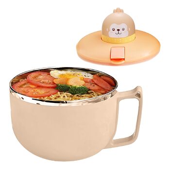 Миска для рамену з кришкою, велика миска для локшини швидкого приготування об&39ємом 1200 мл з таймером, миска для швидкого приготування з нержавіючої сталі 304 для локшини, бенто, обіду (Monkey)