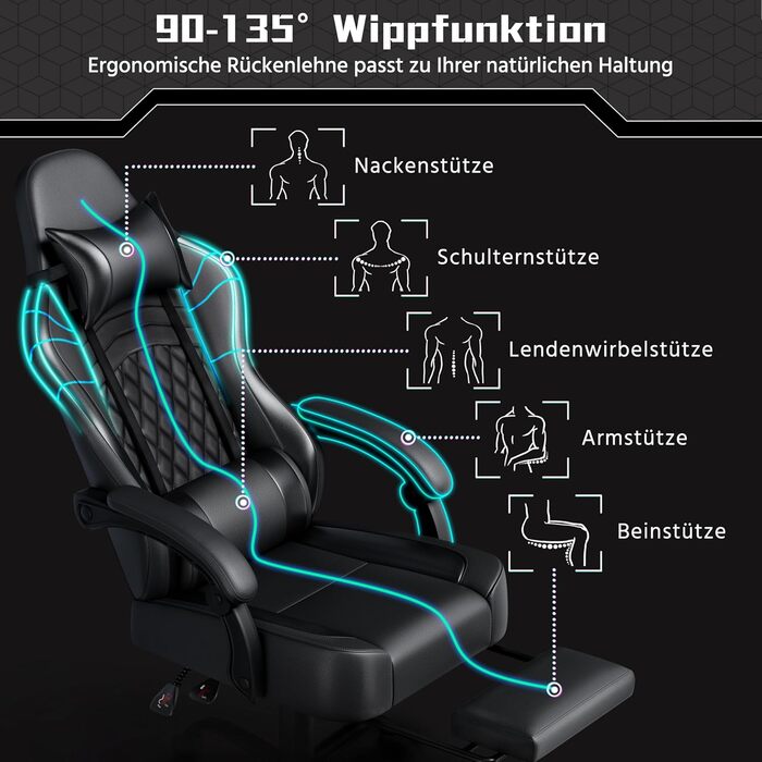Ігрове крісло Yaheetech, ергономічне ігрове крісло з функцією масажу та висувною підставкою для ніг, регульована спинка, регульована висота, комп&39ютерне крісло, обертове крісло (чорне)