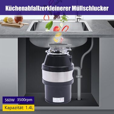 Подрібнювач кухонних відходів HINOPY, подрібнювач кухонних відходів потужністю 370 Вт 1/2 к.с. Подрібнювач відходів з жолобом для сміття 3500 об/хв для посудомийної машини, кухня