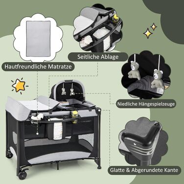 Дорожнє ліжечко для немовлят з матрацом, ліжечко Side-by-Side з колискою та пеленальний килимок, комплект дитячого ліжка для новонароджених та немовлят до 36 місяців, 110 x 78 см