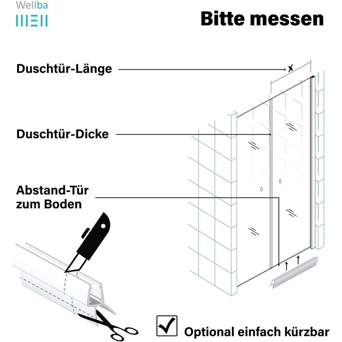 Ущільнювач душових дверей Wellba Premium для прямих скляних дверей товщиною 6 мм 7 мм 8 мм Водовідштовхувальний ущільнювач для душу або ущільнювач душової кабіни з оптимально розташованими гумовими губками (3 шт. 60 см)