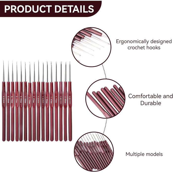 Набір гачків для вязання 16 шт., маленький ергономічний наконечник від 0,5 мм до 2,5 мм Гачки для вязання гачком Сталеві гачки для вязання Голки Маркери для вязання гачком для початківців Пряжа та нитки