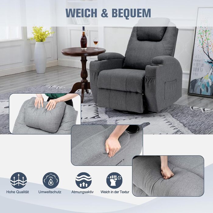 Крісло для телевізора, відкидне крісло, масажне крісло з функцією підігріву та вібрації, пульт дистанційного керування, поворот на 360, лляно-сірий колір