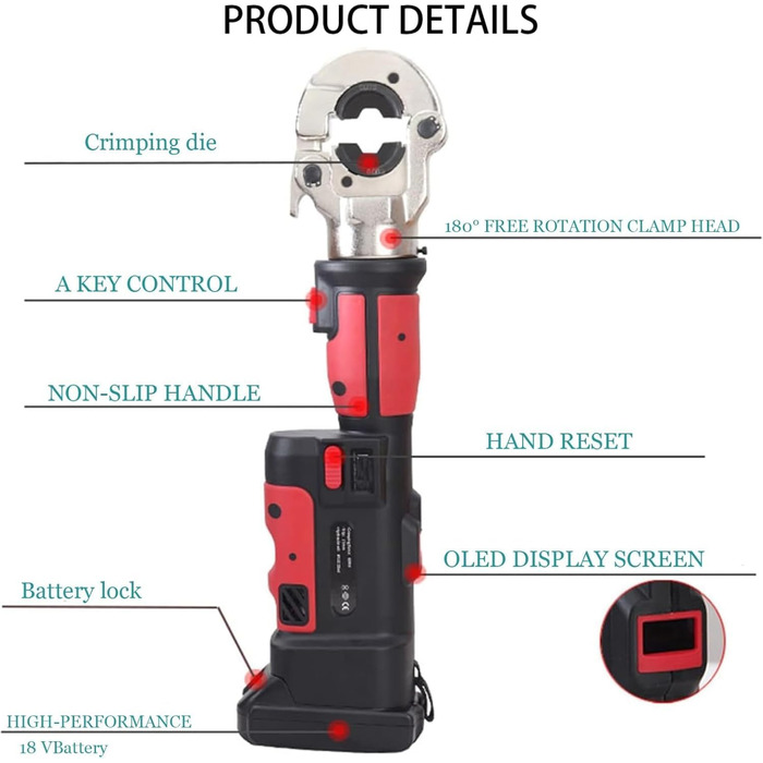 Акумуляторні гідравлічні обтискні кліщі Професійний електричний гідравлічний набір інструментів для обтиску кабельних наконечників Міцні обтискні кліщі з литої сталі Діапазон 16-300 мм Сірий