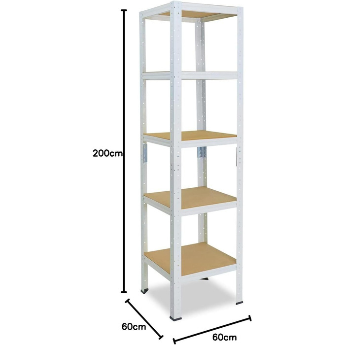 Надміцний стелаж для дому, білий/металевий стелаж з 5 полицями/стелаж для підвалу, стелаж для гаража, стелаж для майстерні або стелаж для зберігання/металевий стелаж без болтів, вантажопідйомність 175 кг, В 200 см / Ш 60 см / Г 60 см, 200x60x60