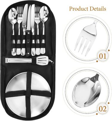 Набір столових приборів для кемпінгу на відкритому повітрі, 10 предметів, портативні столові прибори для пікніка з нержавіючої сталі з сумкою для зберігання, легкий дорожній посуд для кемпінгу, барбекю, походів та активного відпочинку на свіжому повітрі
