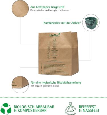 Компостовані паперові пакети для сміття bioMat об&39ємом 7 л, 160 крафт-паперових пакетів, міцні на вологу воду, подвійне дно, зроблено в Німеччині, ука (160 упаковок)