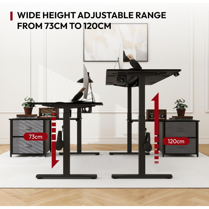 Письмовий стіл з регульованою висотою, електричне регулювання висоти, L-подібний, з шухлядами та відділенням для зберігання, двосторонній, ергономічний стіл для роботи сидячи та стоячи, 160 x 70 см, чорний