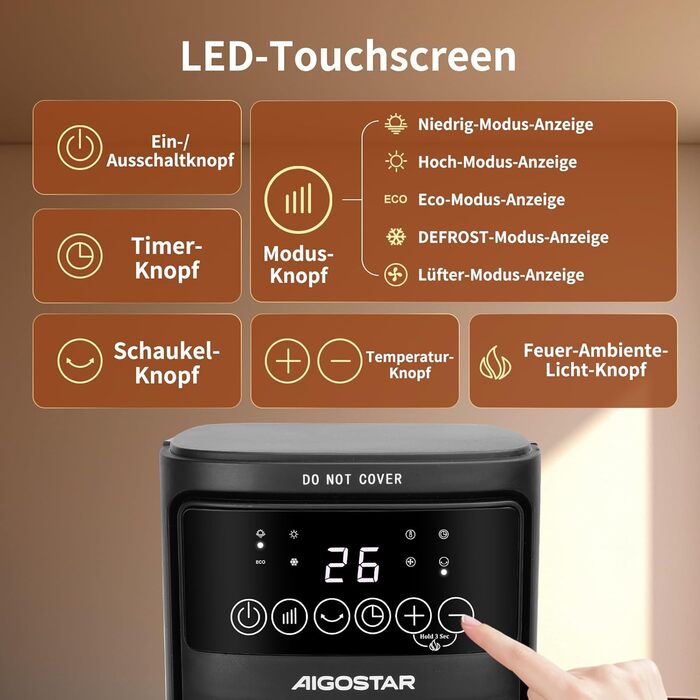 Енергозберігаючий, тихий електричний обігрівач з пультом дистанційного керування, сенсорним світлодіодним дисплеєм, нагрівальним елементом з 3D-полум&39ям, 2000 Вт, 5 режимів та ECO, регульована температура 5-35, таймер 24 години, коливання, чорний