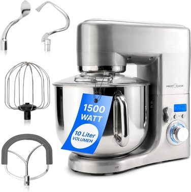 Кухонний комбайн ProfiCook з чашею з нержавіючої сталі XXXL Міксер 10 л з двигуном 1500 Вт Тістомісильна машина з гаком і віночком Машина для замішування тіста Захист від бризок з отвором для наповнення PC-KM 1096 Нержавіюча сталь 10 літрів