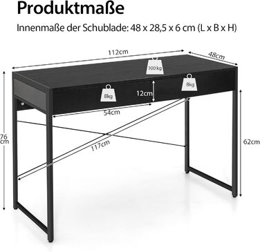 Стіл, комп'ютерний стіл з 2 шухлядами, невеликий офісний стіл, метал, промисловий дизайн, стіл для ПК для навчання, домашнього офі
