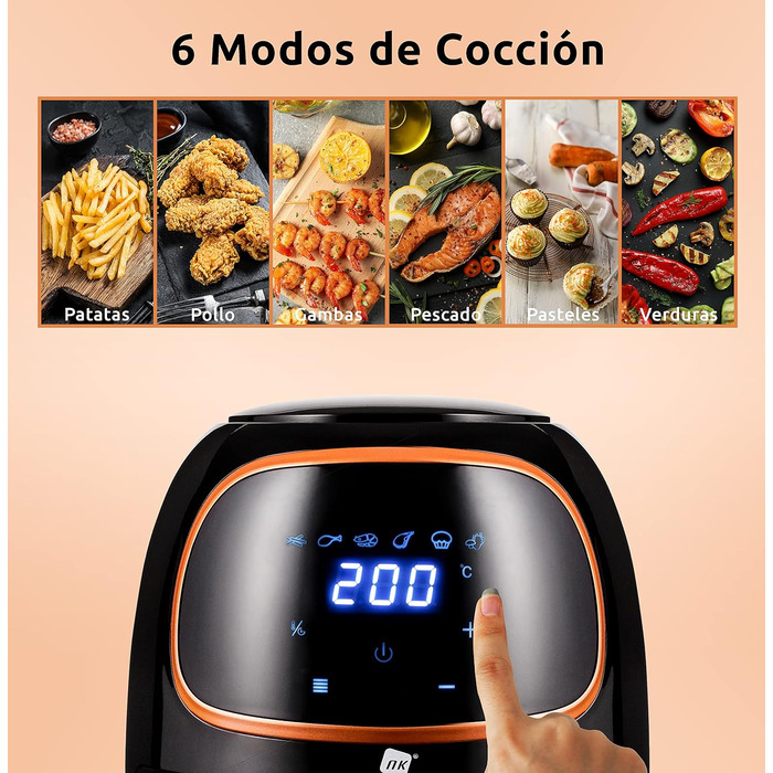 Фритюрниця, проста у використанні, 6 програм, антипригарне покриття, 1000 Вт, регульована температура до 200C, 2L -