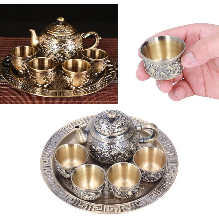 Турецький вінтажний чайний сервіз вишукана металева чайничка з розкішним рельєфним візерунком, мініатюрні чашки та блюдця для декору столу