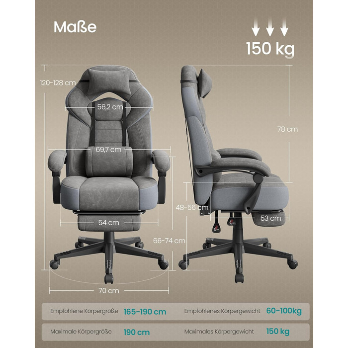 Ігрове крісло SONGMICS, офісне крісло, комп&39ютерне крісло, ергономічний дизайн, з підставкою для ніг, регульований підголівник, поперекова підтримка, вантажопідйомність 150 кг, сірий сланцевий колір OBG077G01, штучна замша сланцево-сірого кольору