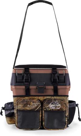 Рибальський ящик-сидіння, ящик для кількох приманок, ящик для сидіння та снастей з системою ременів для перенесення - включаючи 4 пластикові ящики, колір камуфляж-мисливський