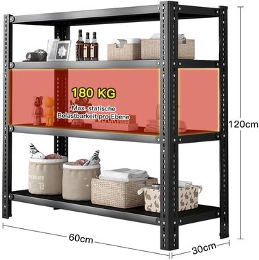 Металевий безригельний стелаж, загальне навантаження 720 кг - 60x30x120 см, 4 полиці (180 кг/полиця) - Чорний 60*30*120*4 Чорний