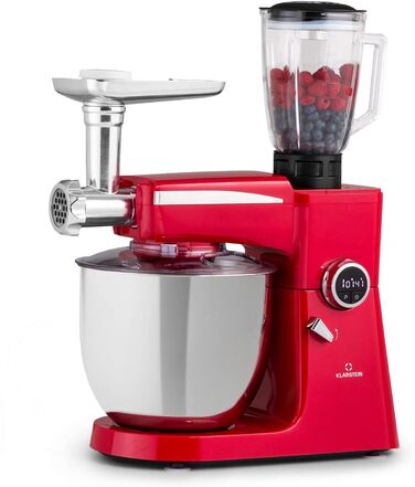 Кухонний комбайн Klarstein, універсальні кухонні комбайни, кухонні комбайни 3-в-1, міксери та блендери, тістомомашина з м'ясорубкою, кухонний комбайн, тістомісильна машина потужністю 2000 Вт 10 л чаша червона