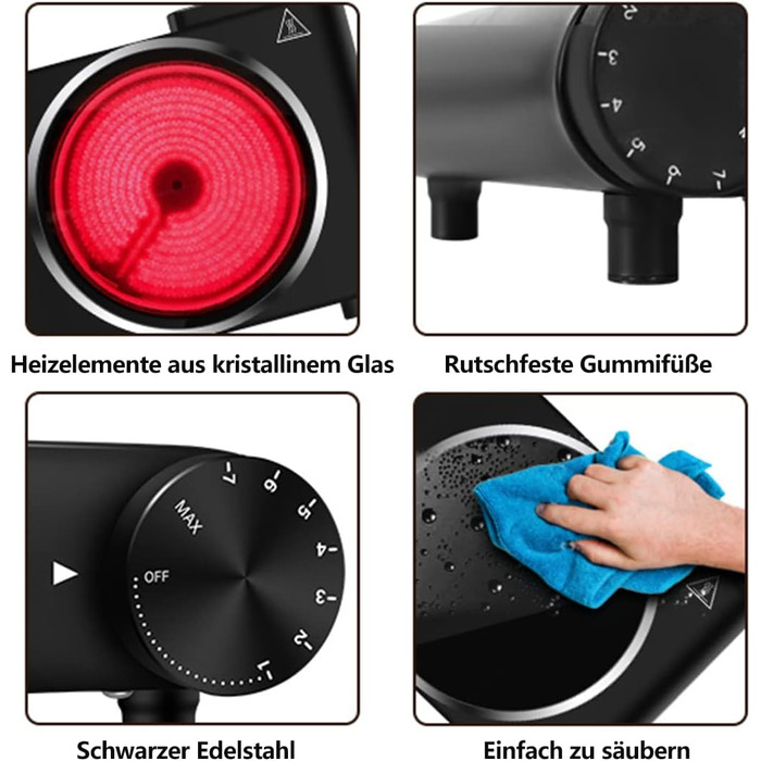Інфрачервона варильна поверхня CUSIMAX 2 шт. 1200 Вт 1200 Вт Електрична варильна поверхня зі склокераміки, портативні подвійні варильні поверхні з регулюванням температури для зовнішнього/внутрішнього використання, для всіх типів гончарів, чорна нержавіюч