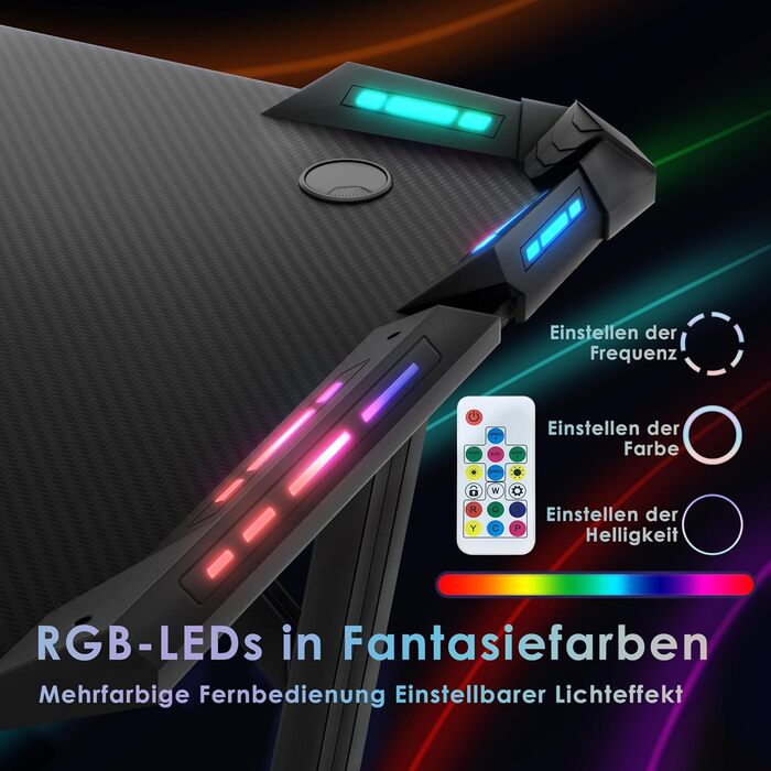 Ігровий стіл 160 x 60 см, ігровий стіл, комп&39ютерний стіл у формі літери А з RGB-світлодіодним підсвічуванням, карбонова поверхня, ергономічний кутовий стіл з підставкою для чашок та гачком для навушників, 160 x 60 см