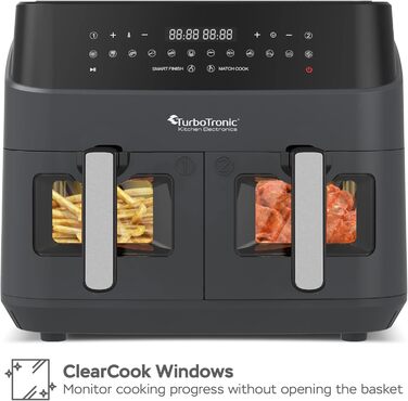 Гаряча аерофритюрниця XXL Подвійна фритюрниця 1600 Вт / 9 л (2 шт. 4.5 л камера) 10 програм Цифрова фритюрниця без жирного масла Подвійна аерофритюрниця Фритюрниця Power Grey