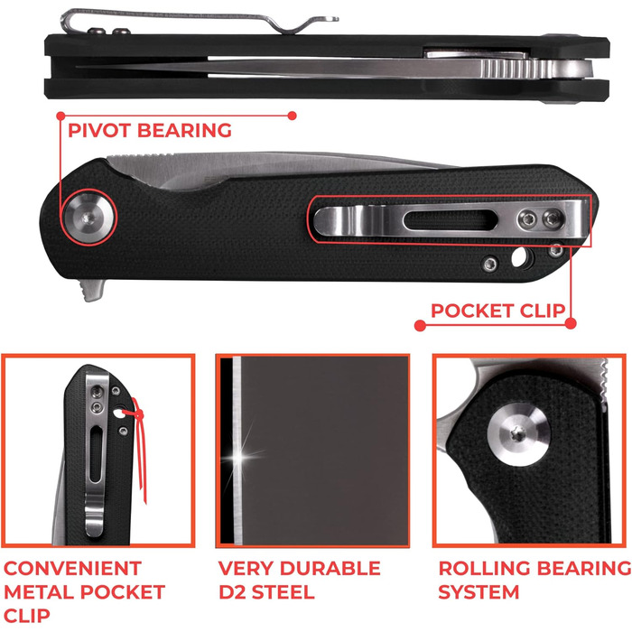 Складаний ніж Клинок зі сталі D2 Лезо з G10 з антиковзаючим покриттям Рукоятка з кліпсою Гострий одноручний ніж з піхвами і шарико