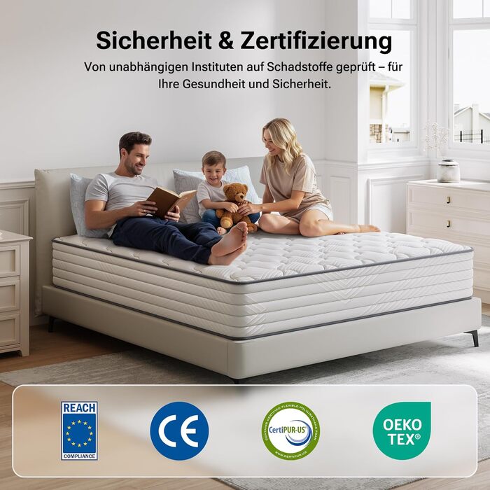 Матрац TXO 140x200 см, висота 25 см, пружинний матрац Pocket Spring, рівень жорсткості H3, 7-зонний пружинний матрац з високоякісною піною для підтримки спини, сертифікований Oeko-Tex, білий 140 x 200 см