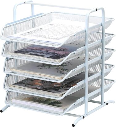Металевий офісний органайзер EasyPAG A4 з 5 відділеннями, тримач для документів, лоток для файлів, тримач для журналів, лоток для листів, органайзер для паперових журналів, білий, 35,5 x 29,5 x 37,5 см