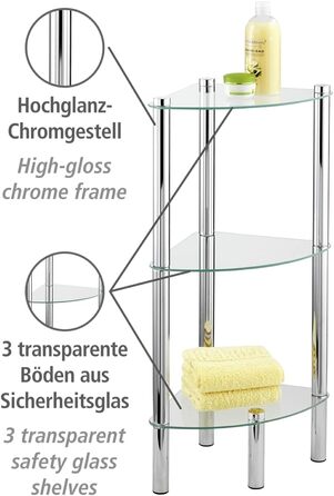 Кутова полиця WENKO Модель Yago з 3 скляними полицями, Кутова полиця для ванної кімнати з нержавіючої сталі та скла, 30 x 74 x 30 см, Компактне сховище для ванної кімнати, 3 яруси