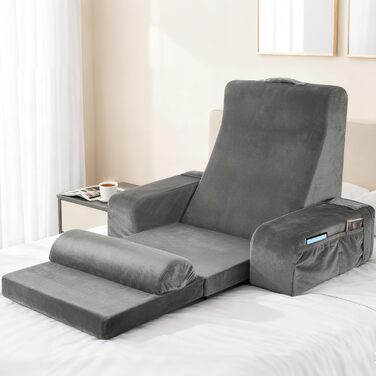 Велика подушка для читання зі знімною спинкою, ергономічна подушка для спини з підлокітником, кишенею та чохлом, який можна прати, для читання та перегляду телевізора (сіра)