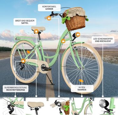 Велосипед Milord Comfort з плетеним кошиком, голландський велосипед, жіночий велосипед, міський велосипед, вінтажний, 26 дюймів, м&39ятно-кремовий, 7 швидкостей, зелений