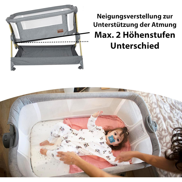 Приліжкове ліжечко Baby Comfortly з колесами Складане та регульоване по висоті (5 рівнів), дихаюче, підходить від 0 місяців до 9 кг, в комплекті матрац, простирадло та сумка не потрібно збирати (колір дерева)