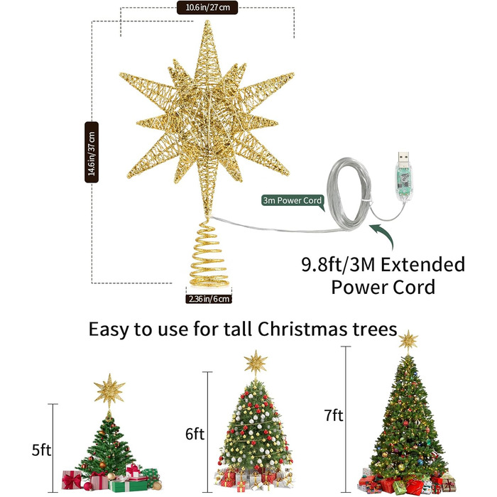 Різдвяна верхівка для ялинки у формі зірки золота Lewondr