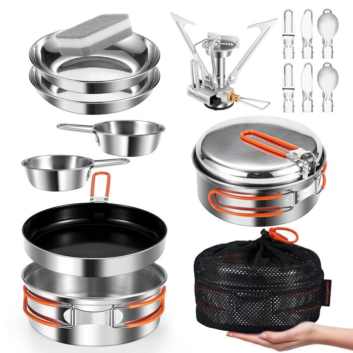 Набір посуду для кемпінгу Odoland, набір для приготування їжі з нержавіючої сталі з антипригарним покриттям, що включає тарілки, миски, виделки, ножі та ложки для походів, кемпінгу, піших прогулянок та пікніків. 15-предметний набір посуду для кемпінгу з н