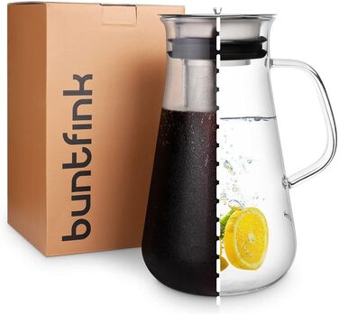 Кавоварка 3-в-1 buntfink MultiPitcher для холодного заварювання кави Графин скляний 1,5 л Графин для води з кришкою з нержавіючої сталі Кавоварка для холодного заварювання кави та чаю Без пластику