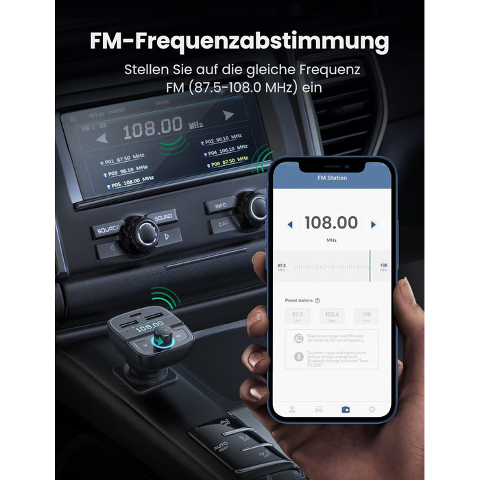 Адаптер автомобільного радіо UGREEN Bluetooth FM-передавач, автомобільний зарядний пристрій USB C потужністю 20 Вт PD і адаптер живлення QC з гучним зв'язком, бездротовий музичний плеєр Bluetooth 5.0 підтримує USB-флеш-накопичувач і TF-карту