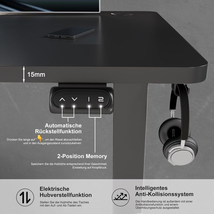 Стіл для письмового столу 180 x 80 см з лотком для кабелів, електрично регульований по висоті стійкий стіл для стояння, комп'ютерн