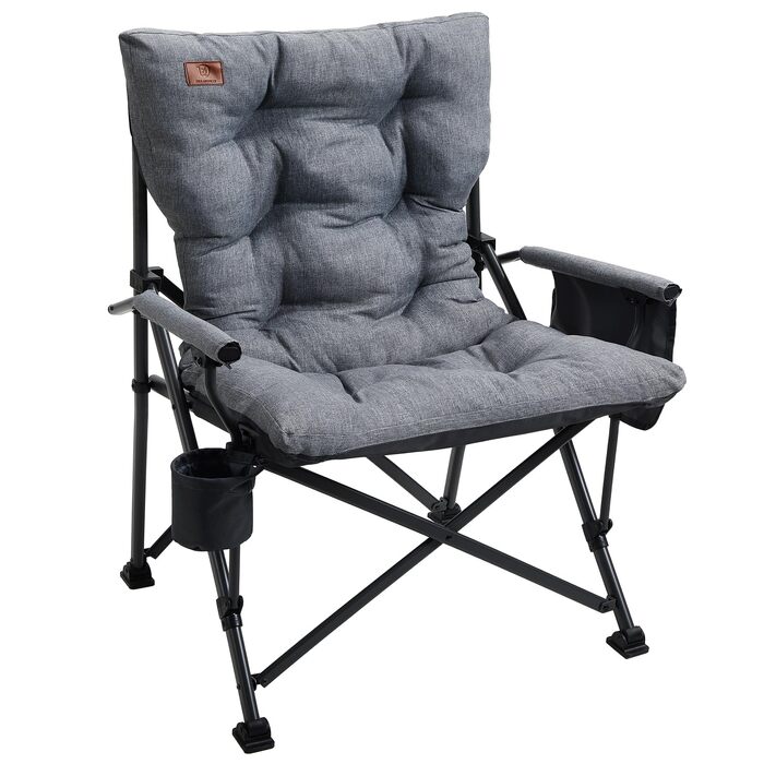 Складаний кемпінговий стілець EVER ADVANCED, вантажопідйомність 230 кг, XL-розмір, ширина сидіння 62 см з бічною кишенею та тримачем для напоїв, великий складний стілець, рибальський стілець для кемпінгу, використання на вулиці, балкон, сад, сірий