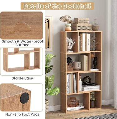 Книжкова полиця GIANTEX з 8 відділеннями, полиця-перегородка кімнати 60 x 20 x 120 см, дерев&39яна окремостояча полиця з 2 запобіжниками, кубічна полиця для вітальні та дитячої кімнати (натуральний колір)