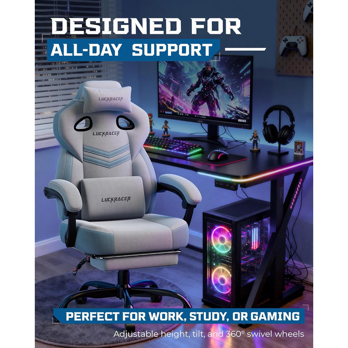 Тканина для ігрового крісла LUCKRACER, офісне крісло з підлокітниками, подушка з піни з ефектом пам&39яті, кут нахилу 90155 та підставка для ніг, міцна функціональна тканина, сірий колір