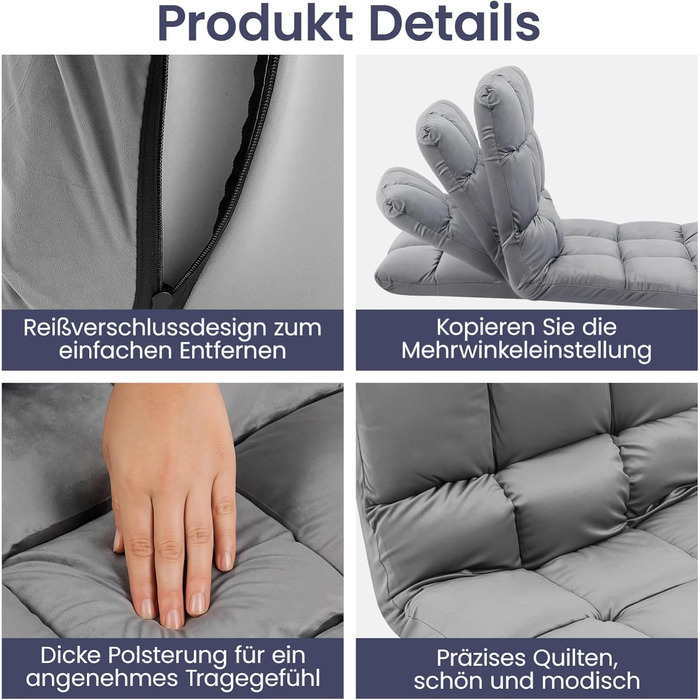 Розкладне крісло для підлоги, диван-лінивець з регульованою спинкою, крісло-реклайнер, складна поверхня для сидіння та лежання, розкладне крісло для підлоги, диван-лінивець, крісло-реклайнер для вітальні, офісу, для медитації (сірий)