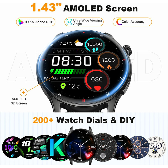 Розумний годинник для чоловіків та жінок з функцією телефону функція Bluetooth-дзвінків, водонепроникний фітнес-трекер, розумний годинник з пульсометром, монітор сну, крокомір, спортивний годинник, Android/iOS, чорний