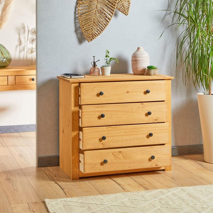 Комод CARO Furniture Cancun у стилі кантрі, виготовлений з масиву сосни, сучасний сервант з 4 шухлядами, сервант з тонованою та вощеною поверхнею