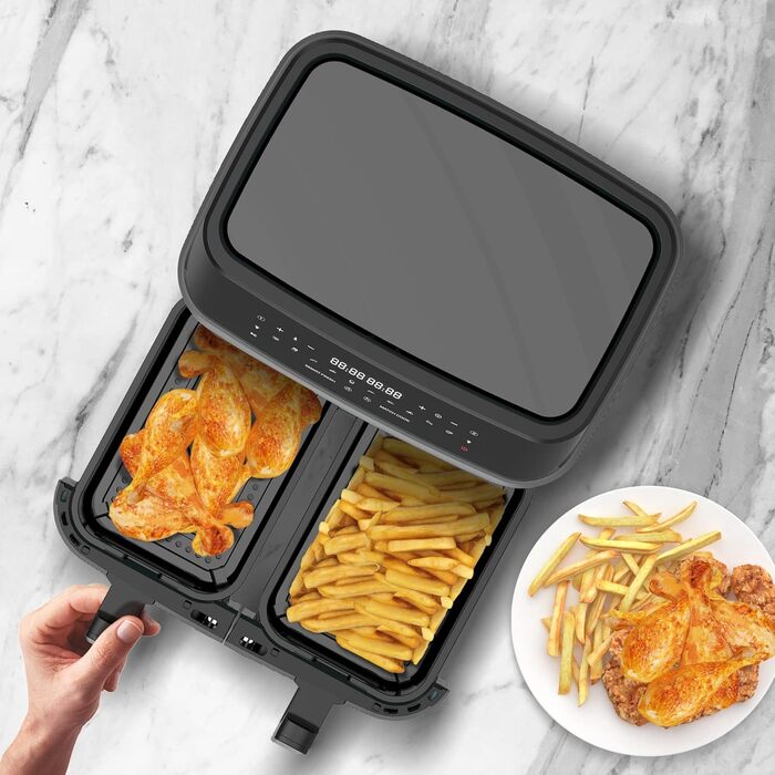 Гаряча аерофритюрниця XXL Подвійна фритюрниця 1600 Вт / 9 л (2 шт. 4.5 л камера) 10 програм Цифрова фритюрниця без жирного масла Подвійна аерофритюрниця Фритюрниця Power Grey