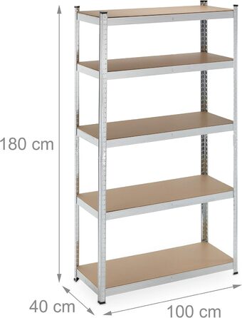 Надміцний стелаж Relaxdays, 5 ярусів, ВxШxГ 180 x 100 x 40 см, до 500 кг, сталь, полиця для зберігання в підвалі та гаражі, сріблястий