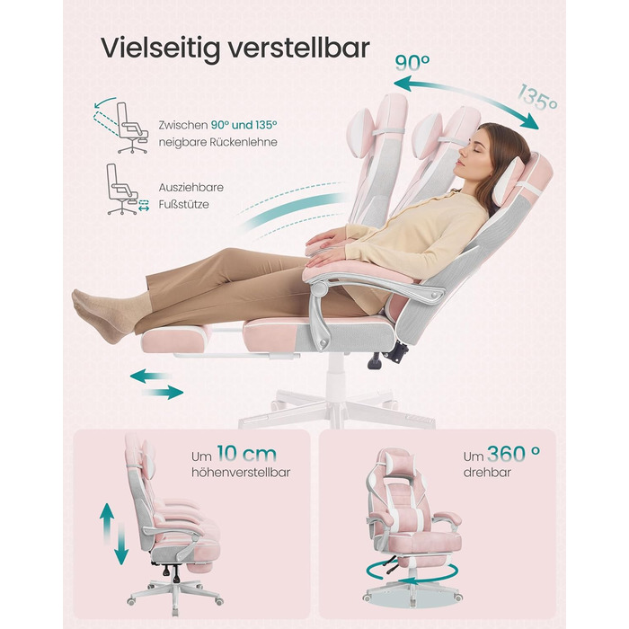 Ігрове крісло SONGMICS, офісне крісло з підставкою для ніг, робоче крісло з підголівником та поперековою подушкою, регульована висота, ергономічне, вантажопідйомність до 150 кг, пастельно-рожевий OBG073P01 пастельно-рожевий кремово-білий