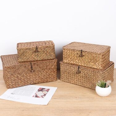 Кошики FEILANDUO з вербовими полицями та кришкою, з морської трави, кошик для зберігання, контейнер, прямокутний, ручної роботи, для полиць, столу, домашнього органайзера (кавовий, великий)