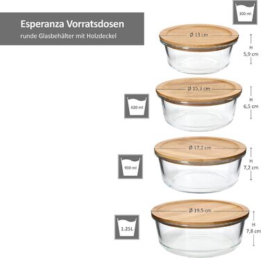 Круглі контейнери для зберігання Ritzenhoff & Breker Esperanza, 5 шт. Скляні банки з дерев&39яними кришками 2 шт. по 1,25 л, по 900 мл, по 620 мл та по 300 мл Кришка з екологічно чистого бамбука зі скляною мискою Контейнер для делікатесів, хлібниця