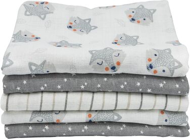 Муслінові серветки Clever Kids упаковка 5 лисичка світло-сіра та зірочки Oeko-TEX подвійне плетіння 70x80 серветки для відрижки (л